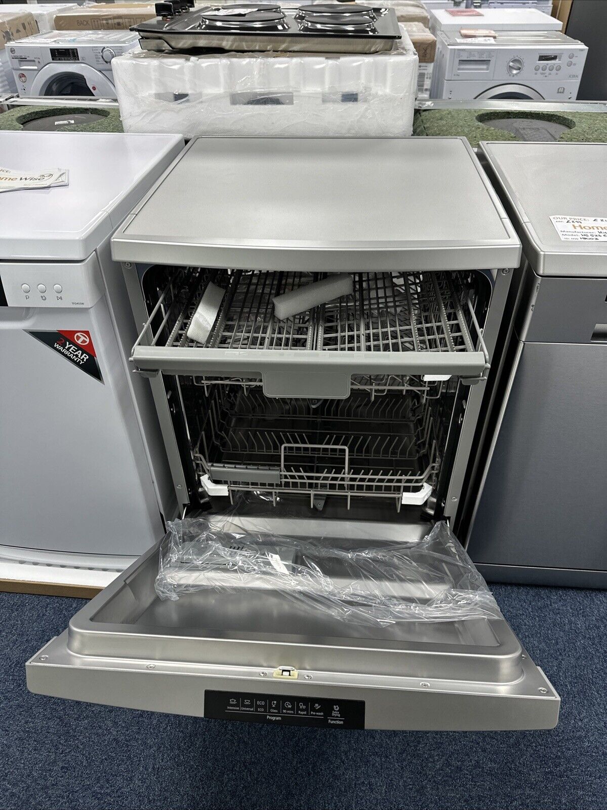 Teknix TFD616S 14 Place Settings Full Size Freestanding Dishwasher with Top Cutlery Tray in Stainless Steel showroom photo door open