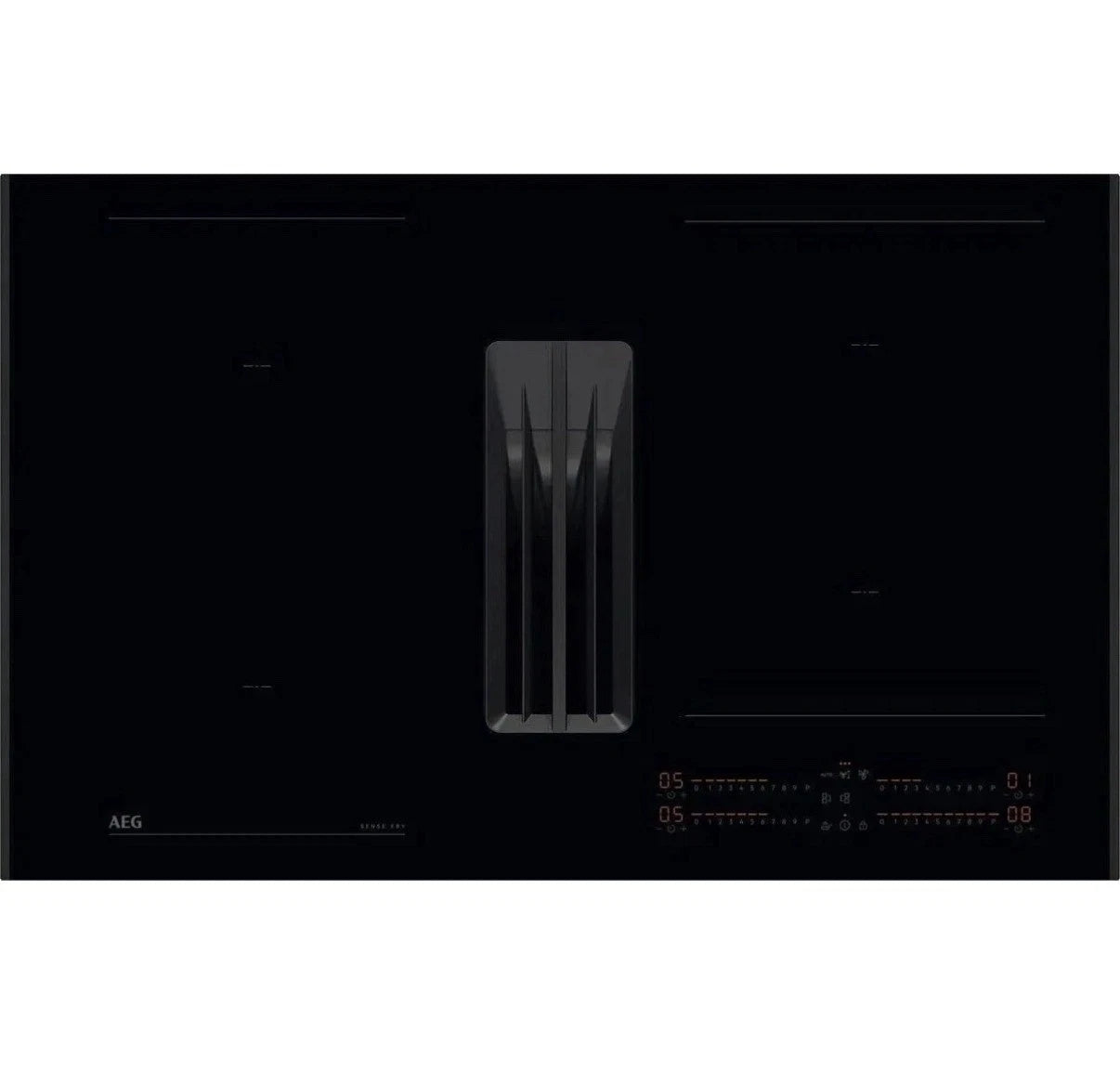 AEG Series 7000 NCH84C23AB 80cm Induction Hob with Venting Extraction and SenseFry® in Matt Black - A+ Rated. Stock photo showing hob surface with integrated extraction.