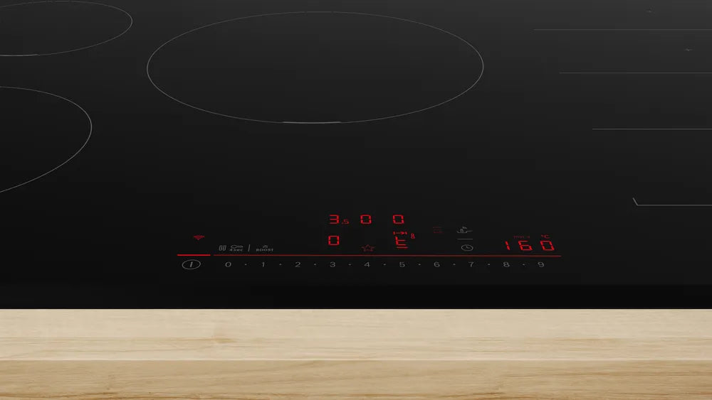 Bosch Series 6 PXV831HC1E 80cm 5 Zone Induction Hob with Flex Induction Zone Stock Photo Hob close up of the LED display and touch controls