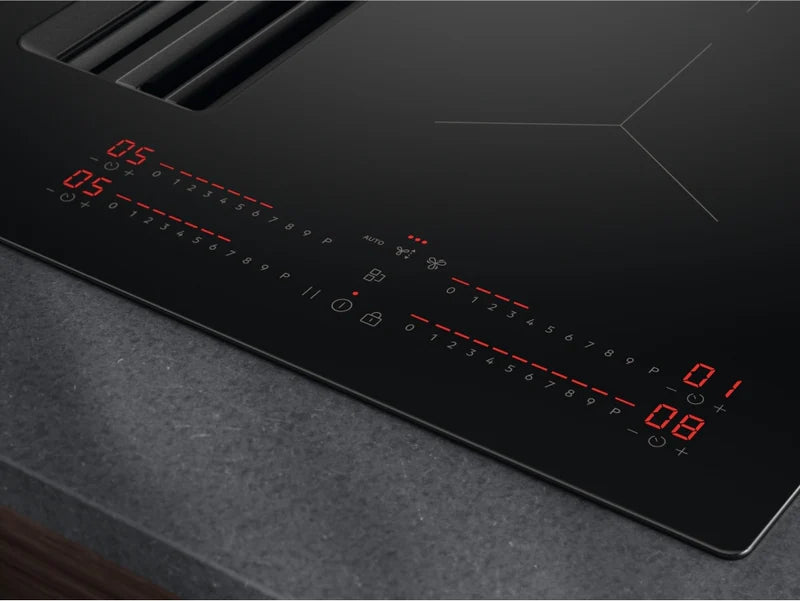 AEG TCH74B01CB 68cm 4 Zone Induction Hob with Integrated Venting Hood in Black from HomeWise Appliances. Stock photo of glass surface with touch controls illuminated.