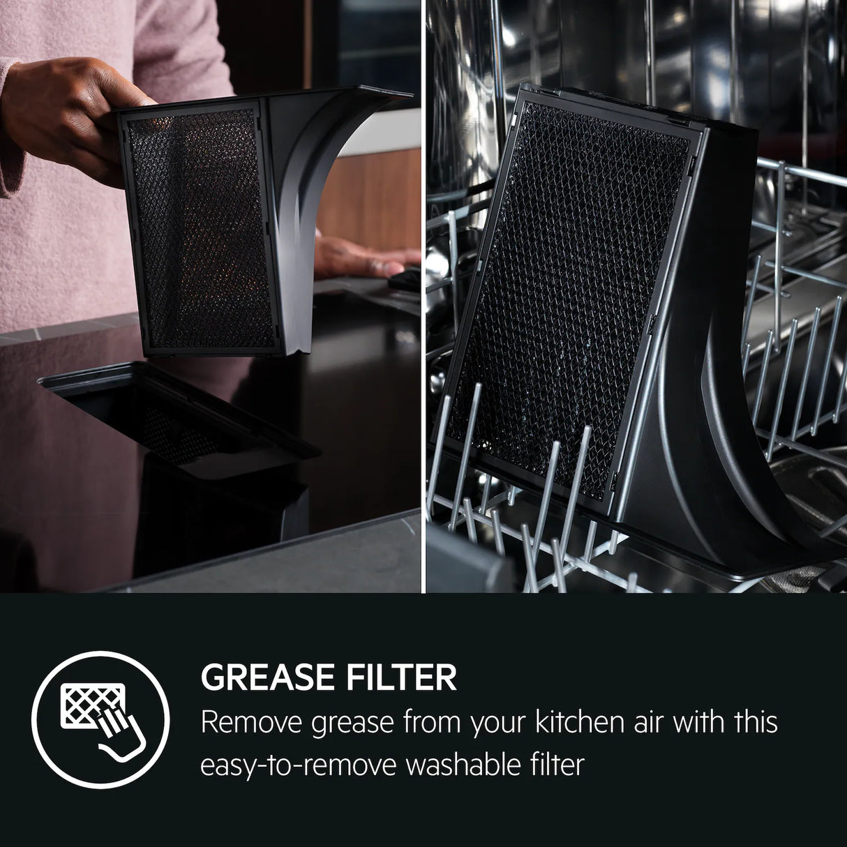 AEG TCH74B01CB 68cm 4 Zone Induction Hob with Integrated Venting Hood in Black from HomeWise Appliances. Stock photo Grease Filter, Remove grease from your kitchen air with this easy-to-remove washable filter.