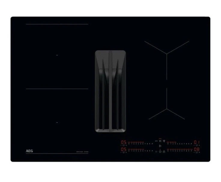 AEG TCH74B01CB 68cm 4 Zone Induction Hob with Integrated Venting Hood in Black from HomeWise Appliances. Stock photo of glass surface.