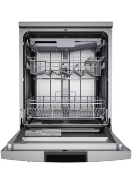 Teknix TFD616S 14 Place Settings Full Size Freestanding Dishwasher with Top Cutlery Tray in Stainless Steel door open stock photo