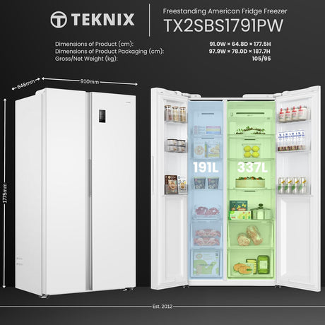 Teknix TX2SBS1791PW American Fridge Freezer in White - 523 Litre Capacity - E Rated - POHW0130 from HomeWise Appliances. Stock photo graphic showing dimensions and storage volume.