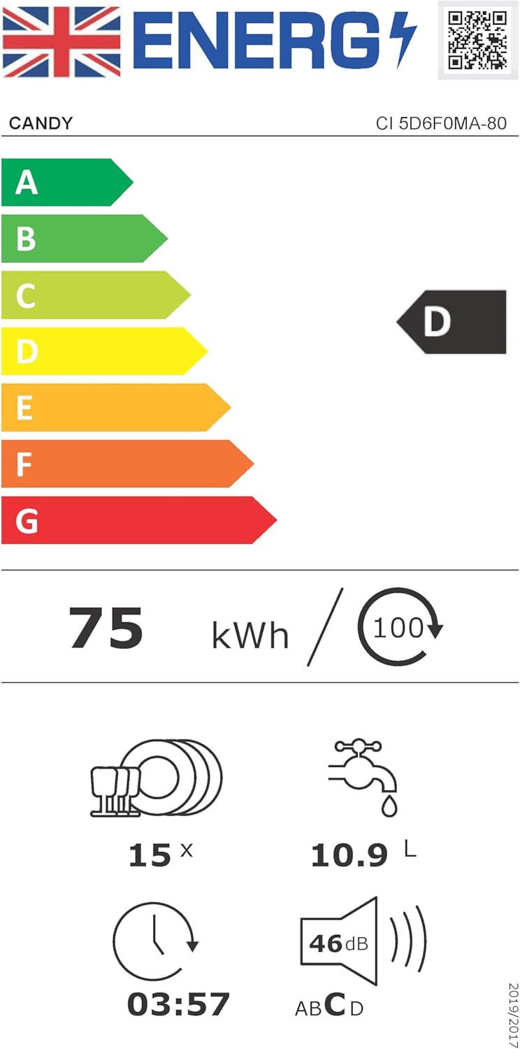 Candy Rapido CI 5D6F0MA-80 15 Place Settings Full-size Integrated Dishwasher - D Rated - POHW0143