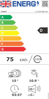 Candy Rapido CI 5D6F0MA-80 15 Place Settings Full-size Integrated Dishwasher - D Rated - POHW0143