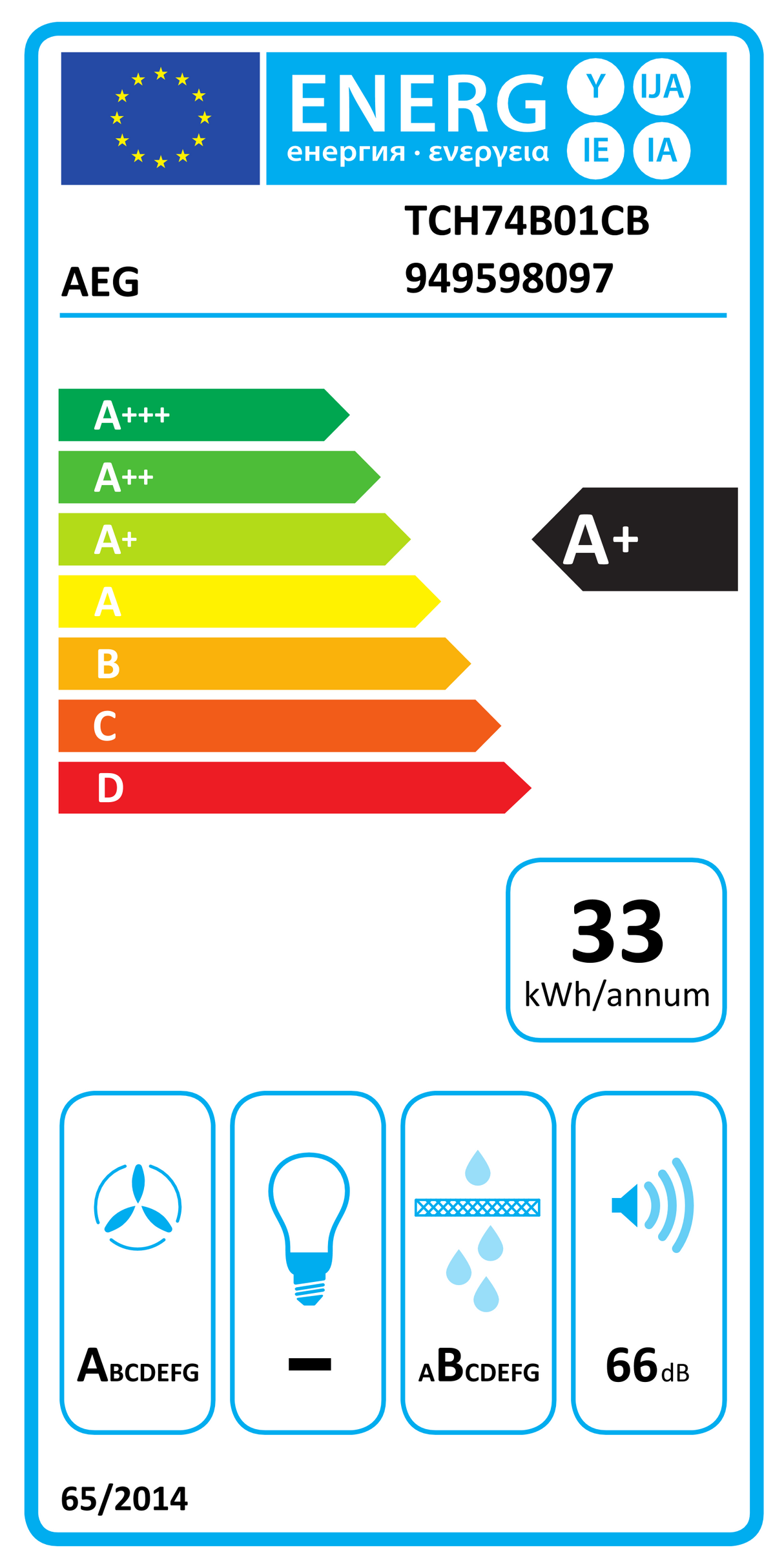 AEG TCH74B01CB 68cm 4 Zone Induction Hob with Integrated Venting Hood in Black from HomeWise Appliances. Stock photo A+ Energy rating Label.
