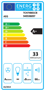 AEG TCH74B01CB 68cm 4 Zone Induction Hob with Integrated Venting Hood in Black from HomeWise Appliances. Stock photo A+ Energy rating Label.