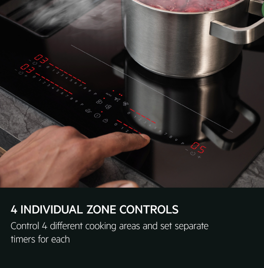 AEG Series 7000 NCH84C23AB 80cm Induction Hob with Venting Extraction and SenseFry® in Matt Black - A+ Rated. Stock photo graphic for 4 individual zone controls. Control 4 different cooking areas and set separate timers for each.