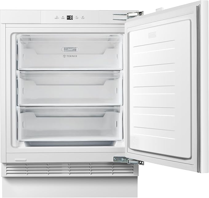 Teknix BITHUZ4 Integrated Undercounter Freezer - Built In with 101 Litre Capacity - Reversible Door - Digital Controls - White [Energy Class E] stock photo door open