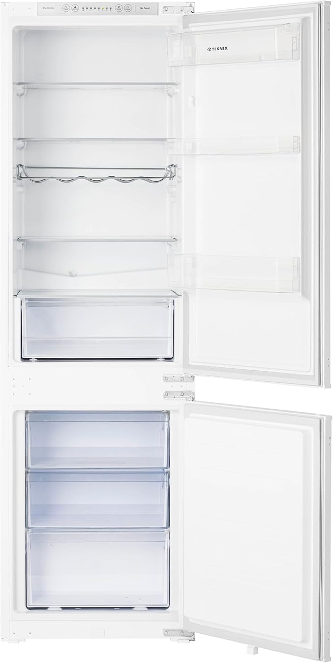 Teknix BITH70FF 70/30 Integrated Fridge Freezer with Total No Frost - 246 Litres - E Rated stock photo front with doors open