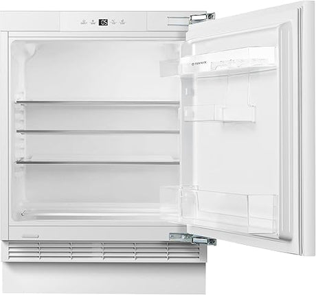 Teknix BITHUL4 Integrated Undercounter Larder Fridge - Built In with 138 Litre Capacity - Reversible Door - Digital Controls - White [Energy Class E]  stock photo door open