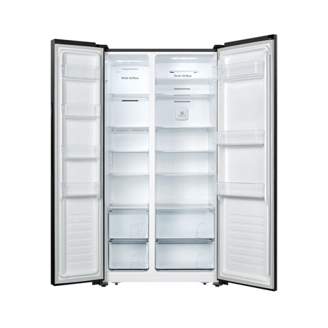 Fridgemaster MS91520EB Total No Frost American Fridge Freezer Black, E Rated Doors Open Empty