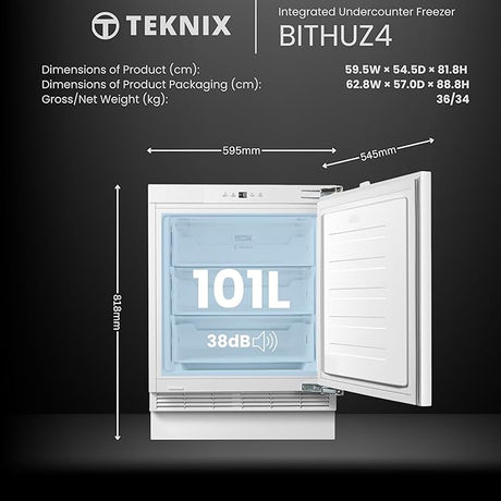 Teknix BITHUZ4 Integrated Undercounter Freezer - Built In with 101 Litre Capacity - Reversible Door - Digital Controls - White [Energy Class E] stock photo Volume label