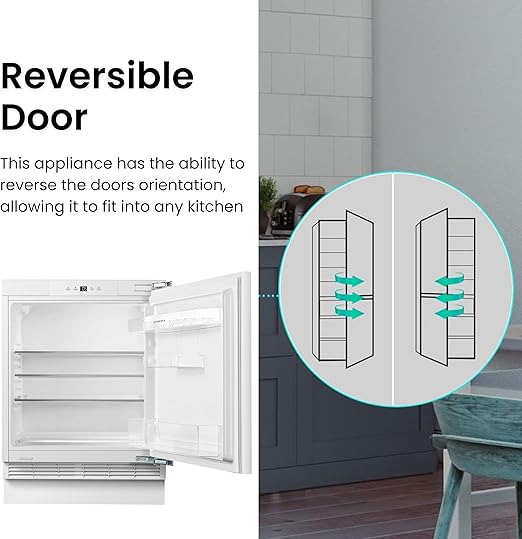 Teknix BITHUL4 Integrated Undercounter Larder Fridge - Built In with 138 Litre Capacity - Reversible Door - Digital Controls - White [Energy Class E]  stock photo reversible door