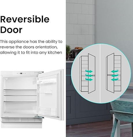 Teknix BITHUL4 Integrated Undercounter Larder Fridge - Built In with 138 Litre Capacity - Reversible Door - Digital Controls - White [Energy Class E]  stock photo reversible door
