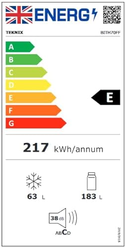 Teknix BITH70FF 70/30 Integrated Fridge Freezer with Total No Frost - 246 Litres - E Rated stock photo Energy label
