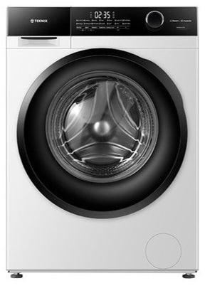 White washing machine with black door on a white background