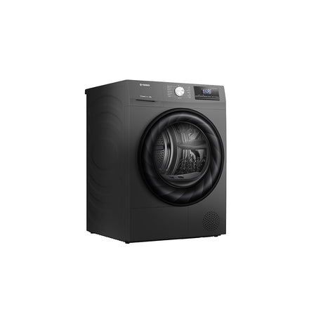 Teknix TKHP8HS 8KG Heat Pump Dryer in Titanium - A++ Rated. Stock photo of the front angled showing left side panel.