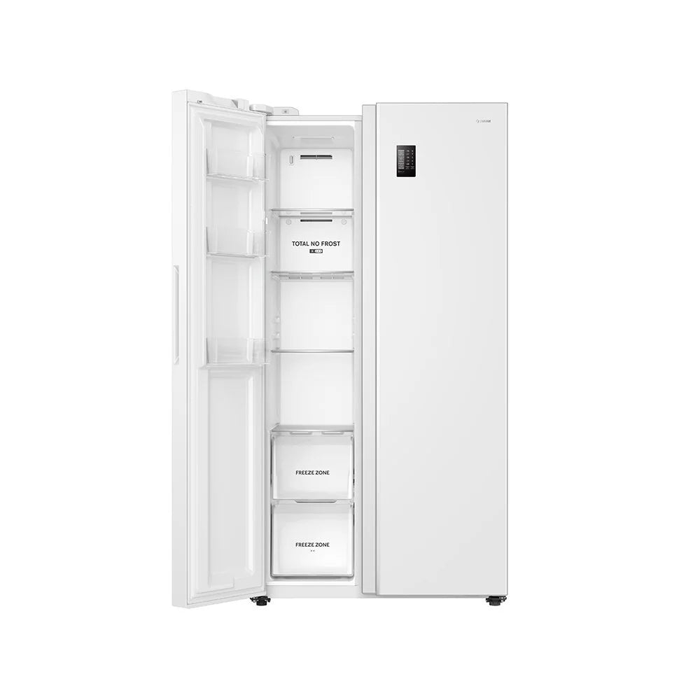 Teknix TX2SBS1791PW American Fridge Freezer in White - 523 Litre Capacity - E Rated - POHW0130 from HomeWise Appliances. Stock photo freezer door open showing compartment layout.