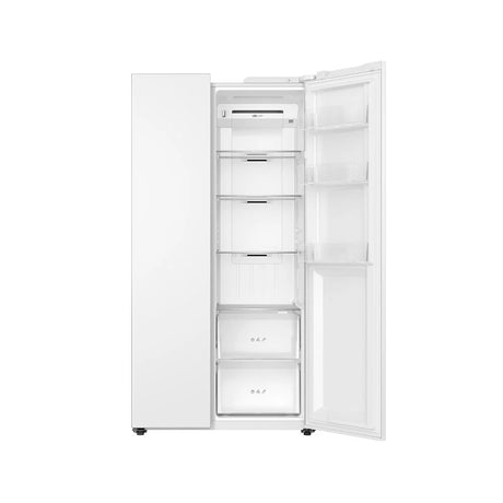 Teknix TX2SBS1791PW American Fridge Freezer in White - 523 Litre Capacity - E Rated - POHW0130 from HomeWise Appliances. Stock photo fridge door open showing the compartment layout.