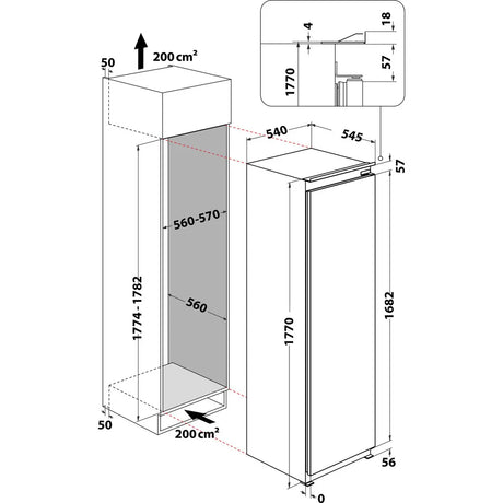 Hotpoint HTSD18F013H1 209 Litre Tall Built-In Freezer with No Frost - E Rated from HomeWise Appliances.  stock photo graphic for the freezer and installation dimensions,