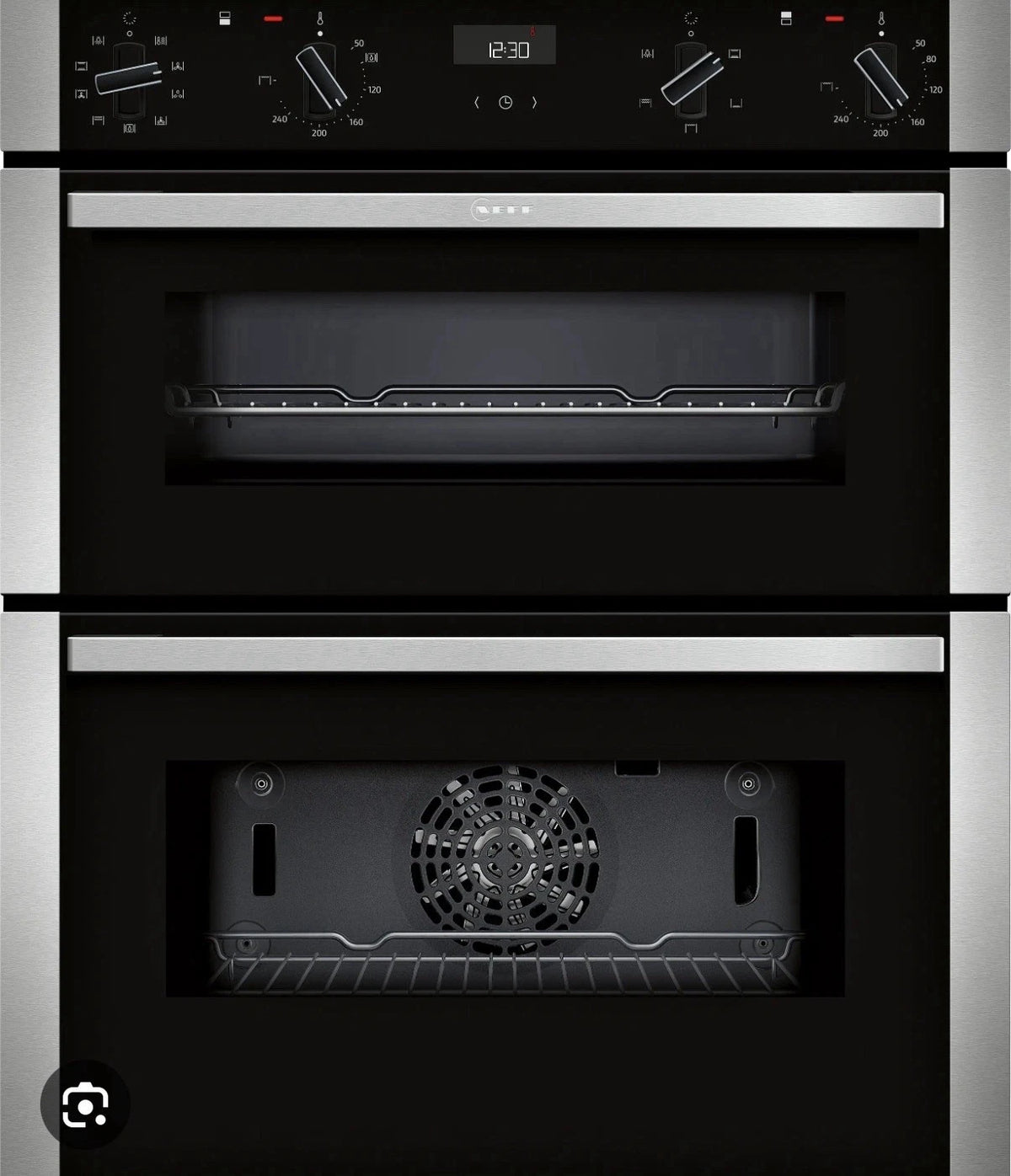 Neff N50 J1ACE2HN0b Double Built under Oven from HomeWise Appliances. Stock photo front of oven