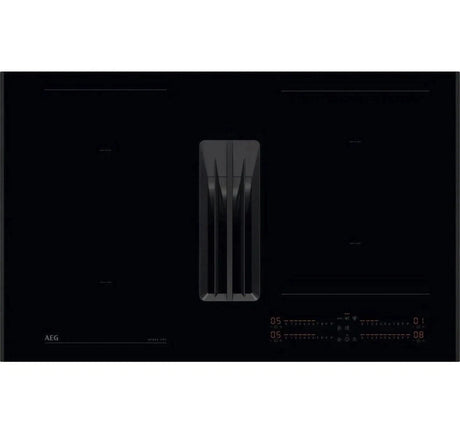 AEG Series 7000 NCH84C23AB 80cm Induction Hob with Venting Extraction and SenseFry® in Matt Black - A+ Rated. Stock photo showing hob surface with integrated extraction.