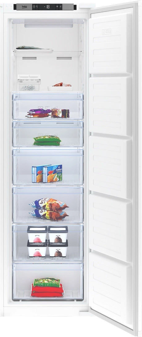 Beko BFFD4577 (59) 178cm Integrated Frost Free 220L Tall Upright Freezer with Sliding Hinge - E Rated - (Ex display blemished) - HW182559