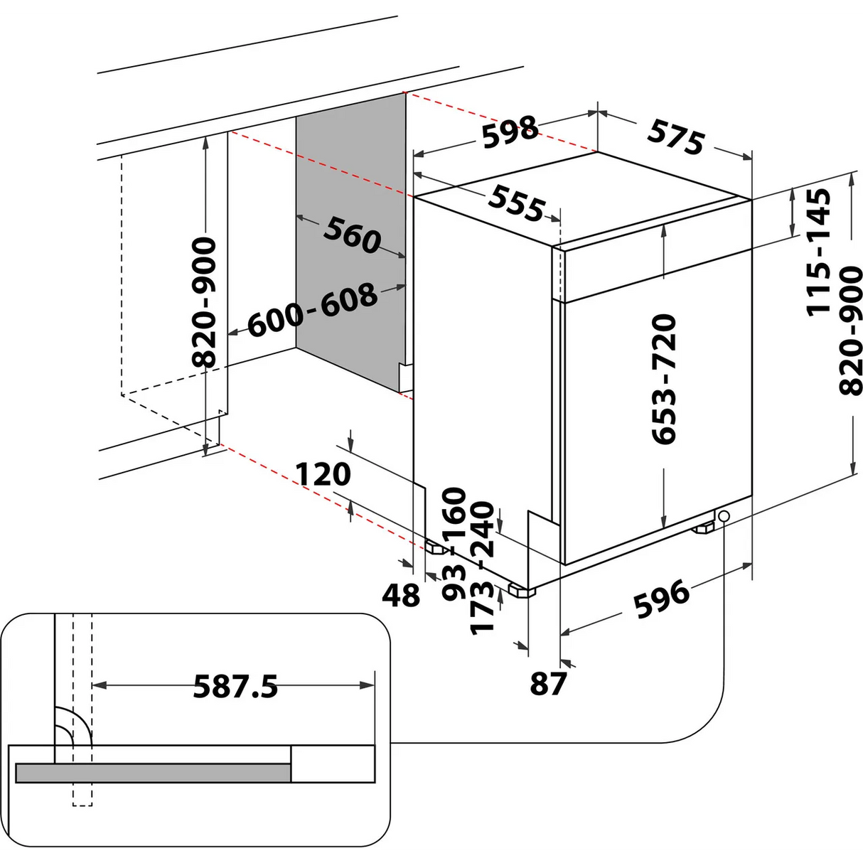 Hotpoint H3B L626 X UK Semi Integrated Full Size Dishwasher with Black and Stainless Control Panel - Fixed Door Hinge Kit - E Rated - HW181877