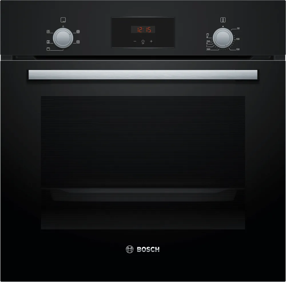 Bosch HHF113BA0B Built-in Single Oven with fitted 13Amp Plug in Black from HomeWise Appliances stock photo showing close up of front of oven 