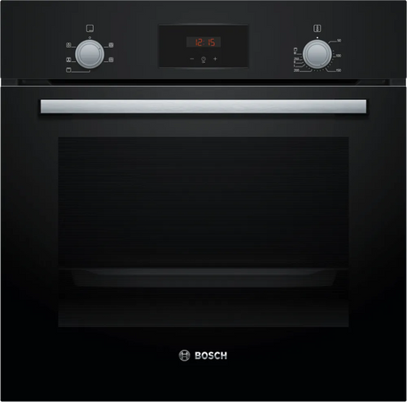 Bosch HHF113BA0B Built-in Single Oven with fitted 13Amp Plug in Black from HomeWise Appliances stock photo showing close up of front of oven 
