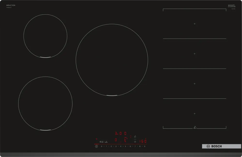 Bosch Series 6 PXV831HC1E 80cm 5 Zone Induction Hob with Flex Induction Zone Stock Photo Hob surface with design markings