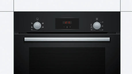 Bosch HHF113BA0B Built-in Single Oven with fitted 13Amp Plug in Black from HomeWise Appliances stock photo showing close up of the control panel.