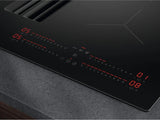 AEG TCH74B01CB 68cm 4 Zone Induction Hob with Integrated Venting Hood in Black from HomeWise Appliances. Stock photo of glass surface with touch controls illuminated.