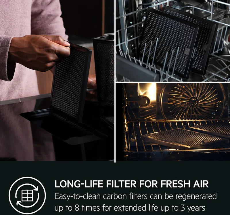 AEG TCH74B01CB 68cm 4 Zone Induction Hob with Integrated Venting Hood in Black from HomeWise Appliances. Stock photo graphic for long life filter for fresh air. Easy to clean carbon filters can be regenerated upto 8 times for a extended life of upto 3 years.