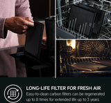 AEG TCH74B01CB 68cm 4 Zone Induction Hob with Integrated Venting Hood in Black from HomeWise Appliances. Stock photo graphic for long life filter for fresh air. Easy to clean carbon filters can be regenerated upto 8 times for a extended life of upto 3 years.