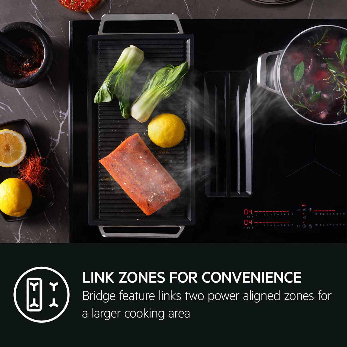 AEG TCH74B01CB 68cm 4 Zone Induction Hob with Integrated Venting Hood in Black from HomeWise Appliances. Stock photo Link zones for convenience. Bridge feature links two power aligned zones for a larger cooking area.
