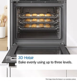 Bosch Series 2 MHA133BR0B (79) Built In Electric Double Oven in Stainless Steel from HomeWise Appliances. Stock photo showing graphic for 3D Hotair  allowing you to bake evenly using up to three levels.