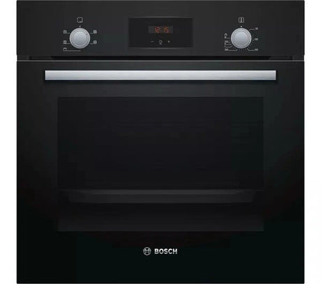Bosch HHF113BA0B Built-in Single Oven with fitted 13Amp Plug in Black from HomeWise Appliances stock photo showing front of the oven.