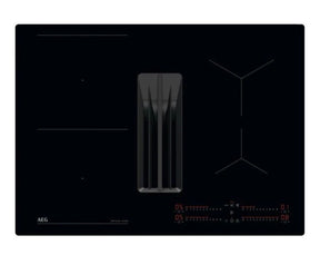 AEG TCH74B01CB 68cm 4 Zone Induction Hob with Integrated Venting Hood in Black from HomeWise Appliances. Stock photo of glass surface.