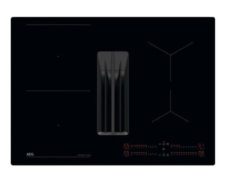 AEG TCH74B01CB 68cm 4 Zone Induction Hob with Integrated Venting Hood in Black from HomeWise Appliances. Stock photo of glass surface.