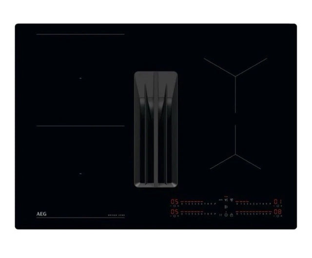 AEG TCH74B01CB 68cm 4 Zone Induction Hob with Integrated Venting Hood in Black from HomeWise Appliances. Stock photo of glass surface.