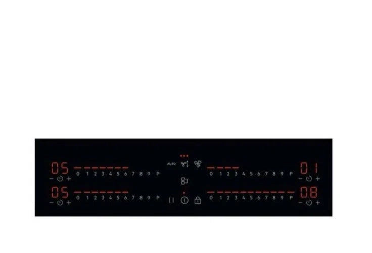 AEG TCH74B01CB 68cm 4 Zone Induction Hob with Integrated Venting Hood in Black from HomeWise Appliances. Stock photo of the touch controls only.