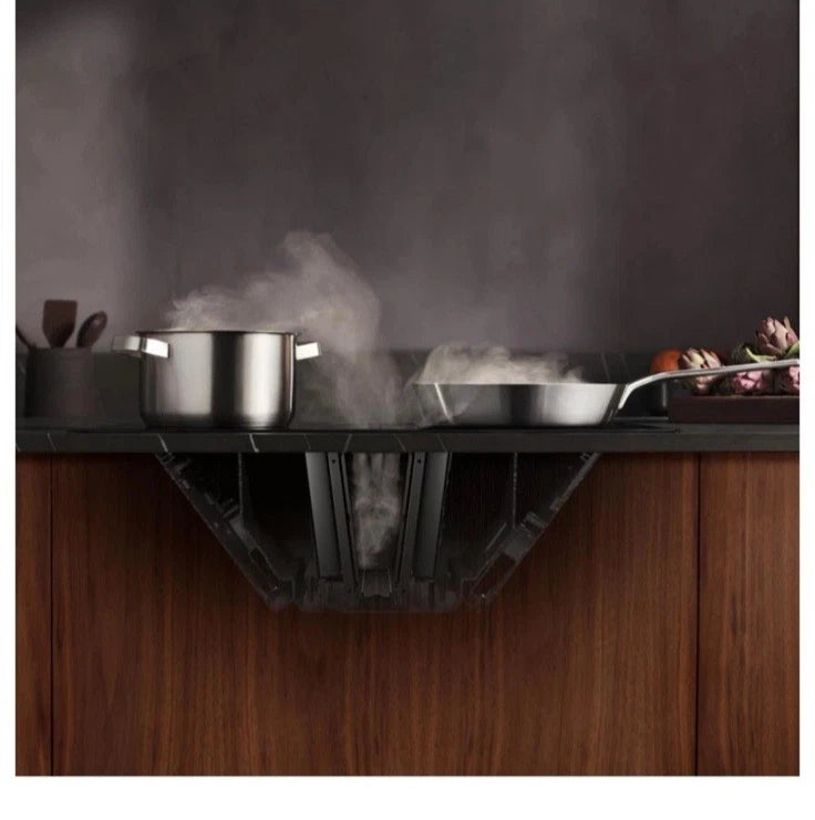 AEG TCH74B01CB 68cm 4 Zone Induction Hob with Integrated Venting Hood in Black from HomeWise Appliances. Stock photo cut out of the hob under a worktop