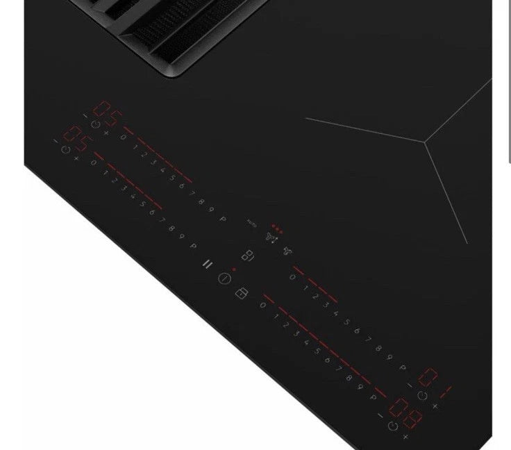 AEG TCH74B01CB 68cm 4 Zone Induction Hob with Integrated Venting Hood in Black from HomeWise Appliances. Stock photo close up of the digital touch controls.