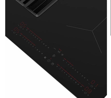 AEG TCH74B01CB 68cm 4 Zone Induction Hob with Integrated Venting Hood in Black from HomeWise Appliances. Stock photo close up of the digital touch controls.