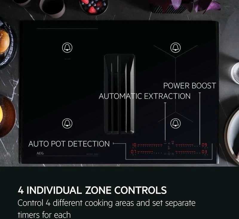AEG TCH74B01CB 68cm 4 Zone Induction Hob with Integrated Venting Hood in Black from HomeWise Appliances. Stock photo 4 individual zone controls. Control 4 different cooking areas and set separate timers for each.
