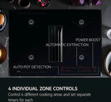 AEG TCH74B01CB 68cm 4 Zone Induction Hob with Integrated Venting Hood in Black from HomeWise Appliances. Stock photo 4 individual zone controls. Control 4 different cooking areas and set separate timers for each.