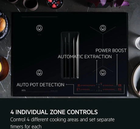 AEG TCH74B01CB 68cm 4 Zone Induction Hob with Integrated Venting Hood in Black from HomeWise Appliances. Stock photo 4 individual zone controls. Control 4 different cooking areas and set separate timers for each.
